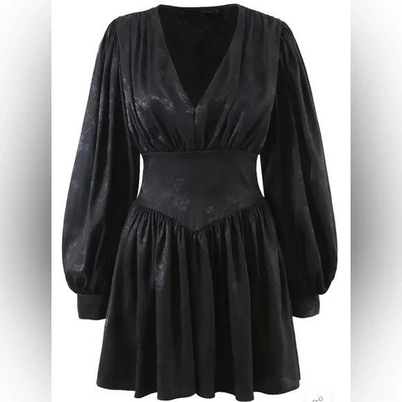 SWINGY FLORAL JACQUARD FIT & FLARE LONG SLEEVE MINI DRESS CORSET BLACK M - Picture 9 of 10